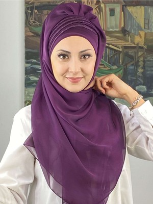 Butik Ambar Saray Model Simli Drapeli Fransız Şifon Koyu Mor Hazır Şal