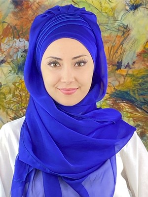Butik Ambar Saray Model Simli Drapeli Fransız Şifon Saks Mavisi Hazır Şal