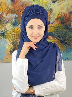Butik Ambar Saray Model Simli Drapeli Fransız Şifon Açık Lacivert Hazır Şal