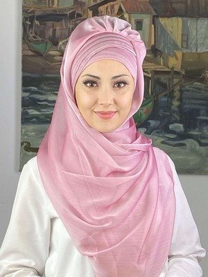 Butik Ambar Saray Model Simli Drapeli Fransız Şifon Uçuk Pembe Hazır Şal