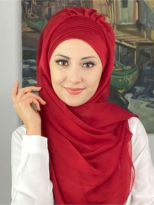 Butik Ambar Saray Model Yan Drapeli Fransız Şifon Kırmızı Hazır Şal