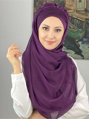 Butik Ambar Saray Model Yan Drapeli Fransız Şifon Koyu Mor Hazır Şal