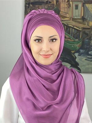 Butik Ambar Saray Model Yan Drapeli Fransız Şifon Leylak Rengi Hazır Şal