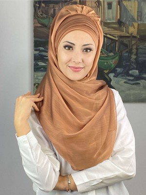 Butik Ambar Saray Model Yan Drapeli Fransız Şifon Açık Bakır Hazır Şal