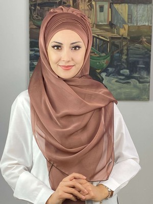 Butik Ambar Saray Model Yan Drapeli Fransız Şifon Sütlü Kahve Hazır Şal