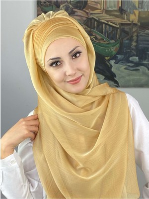 Butik Ambar Saray Model Yan Drapeli Fransız Şifon Açık Altın Rengi Hazır Şal