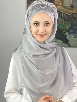 Butik Ambar Saray Model Yan Drapeli Fransız Şifon Açık Gri Hazır Şal