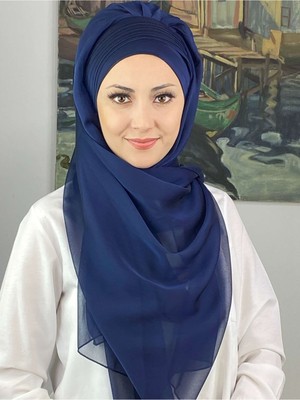 Butik Ambar Saray Model Yan Drapeli Fransız Şifon Açık Lacivert Hazır Şal