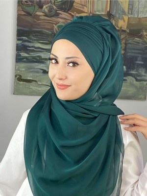 Butik Ambar Saray Model Yan Drapeli Fransız Şifon Zümrüt Yeşili Hazır Şal