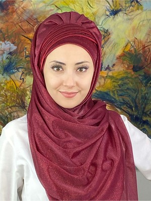 Butik Ambar Saray Model Fransız Şifon Drapeli Simli Bordo Hazır Şal