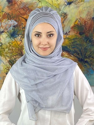 Butik Ambar Saray Model Fransız Şifon Drapeli Simli Açık Gri Hazır Şal