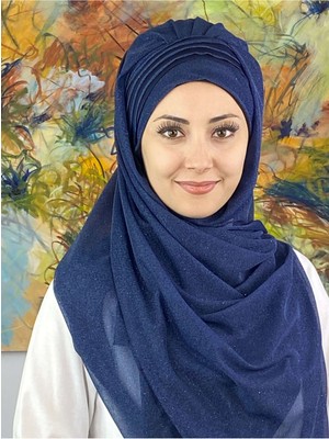 Butik Ambar Saray Model Fransız Şifon Drapeli Simli Lacivert Hazır Şal