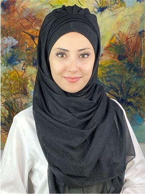 Butik Ambar Saray Model Fransız Şifon Drapeli Simli Siyah Hazır Şal
