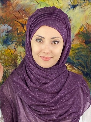 Butik Ambar Saray Model Fransız Şifon Drapeli Simli Koyu Mor Hazır Şal