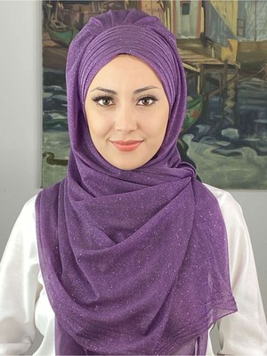 Butik Ambar Topkapı Çapraz Drapeli Simli Leylak Rengi Hazır Şal