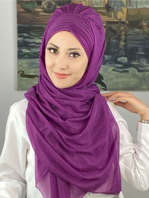 Butik Ambar Topkapı Çapraz Drapeli Simli Fuşya Hazır Şal