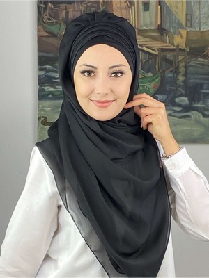 Butik Ambar Topkapı Çapraz Drapeli Biritleri Simli Fransız Şifon Siyah Hazır Şal