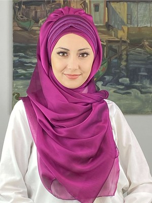Butik Ambar Topkapı Çapraz Drapeli Biritleri Simli Fransız Şifon Fuşya Hazır Şal