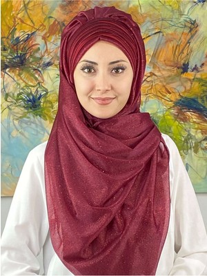 Butik Ambar Topkapı Çapraz Fransız Şifon Drapeli Simli Bordo Hazır Şal