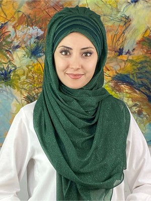 Butik Ambar Topkapı Çapraz Fransız Şifon Drapeli Simli Zümrüt Yeşili Hazır Şal