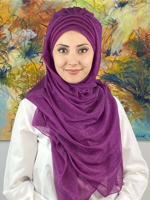 Butik Ambar Topkapı Çapraz Fransız Şifon Drapeli Simli Fuşya Hazır Şal