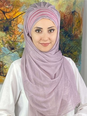 Butik Ambar Topkapı Çapraz Fransız Şifon Drapeli Simli Açık Lila Hazır Şal
