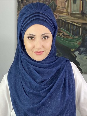 Butik Ambar Topkapı Çapraz Fransız Şifon Drapeli Simli Açık Lacivert Hazır Şal