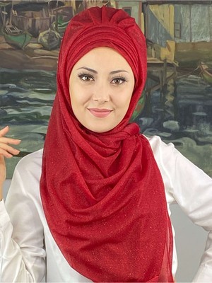 Butik Ambar Topkapı Çapraz Fransız Şifon Drapeli Simli Kırmızı Hazır Şal