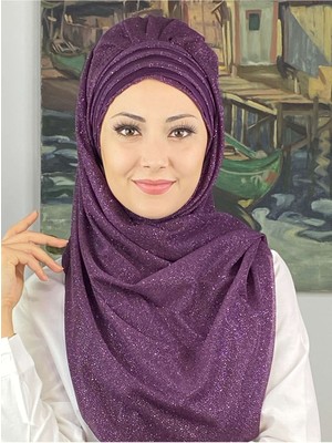 Butik Ambar Topkapı Çapraz Fransız Şifon Drapeli Simli Koyu Mor Hazır Şal
