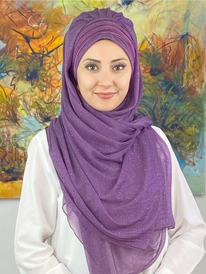 Butik Ambar Topkapı Çapraz Fransız Şifon Drapeli Simli Leylak Rengi Hazır Şal