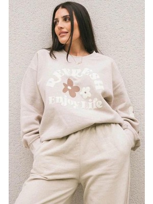 Madmext Bej Bisiklet Yaka Baskılı Sweatshirt MG157210