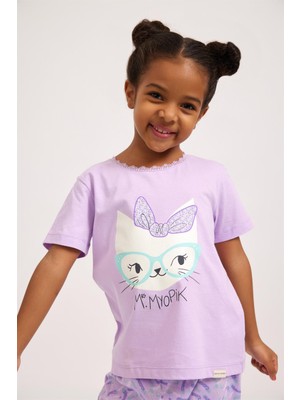 Katia & Bony Lavender Kedi Baskı Kız Çocuk T-Shirt Lila