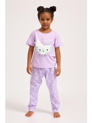 Katia & Bony Lavender Kedi Baskı Kız Çocuk T-Shirt Lila