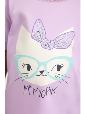 Lavender Kedi Baskı Kız Çocuk T-Shirt Lila