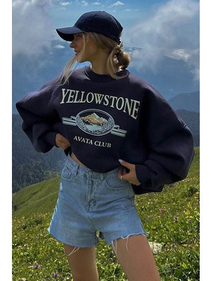 Madmext Lacivert Bisiklet Yaka Baskılı Sweatshirt MG157110