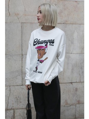 Madmext Ekru Baskılı Oversize Sweatshirt MG157810