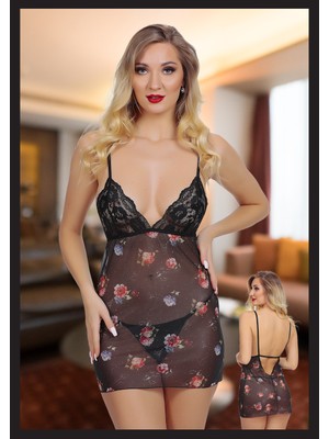 Tiessi Kadın Siyah Dantel Detaylı ve Desenli Seksi Fantezi Gecelik New Season Yeni Model