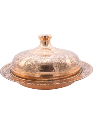 Copperdone El Işlemeli Kabartma Çiçek Motifli Yuvarlak Bakır Servis Tabağı 35 cm