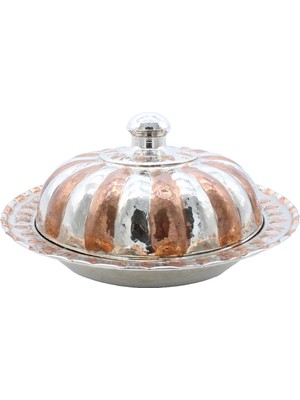 Copperdone El Dövmesi Dilimli Model Yuvarlak Bakır Servis Tabağı Gümüş Renk