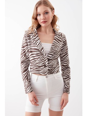 Vitrin Zebra Desen Tek Düğme Crop Ceket