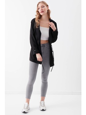 Vitrin Belden Büzgülü Yakalı Çift Cep Ceket