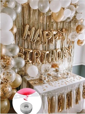 Tinky Winky Gold Happy Birthday Yetişkin Parti Set Gold Beyaz Gri Metalik Balon Zincir