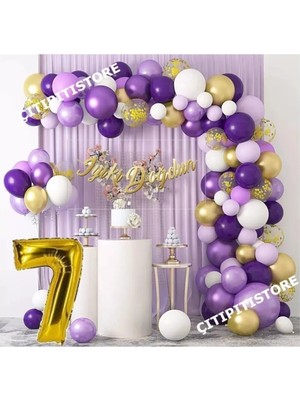 Çıtı Pıtı Store 0-9 Yaş Macaron Mor Balon Zinciri Seti Gölge Mor Altın Balon Dekorasyon