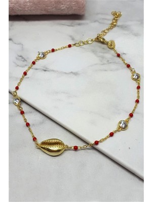 Pier Gümüş Kırmızı Mineli Taşlı Deniz Kabuğu Gümüş Bileklik