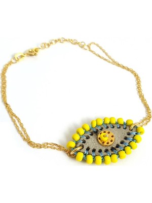 Pier Gümüş Iki Sıralı Zincir Sarı Boncuk Detaylı Gümüş Göz Bileklik