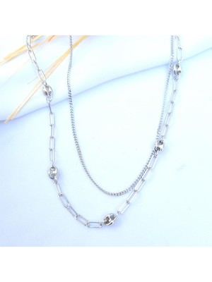 Pier Gümüş  Ikili Zincir Gümüş Kolye