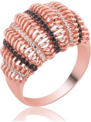 Stil Love Gümüş Rose Siyah Beyaz Taşlı Bayan Yüzük