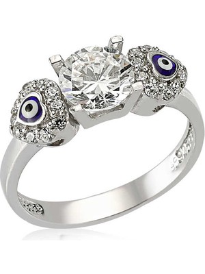 Stil Love Gümüş Kalp Nazarlı Tek Taş Bayan Yüzük