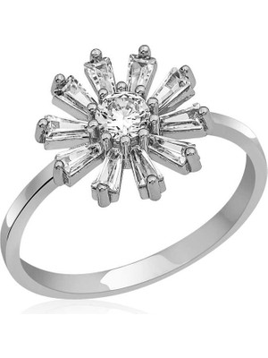 Stil Love Gümüş Trapez Taşlı Çiçek Bayan Yüzük