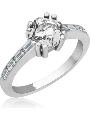 Stil Love Gümüş Beyaz Baget Tek Taş Kadın Yüzük